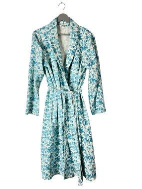 Garnet Hill flannel robe size L blue gray floral birds Organic Cotton